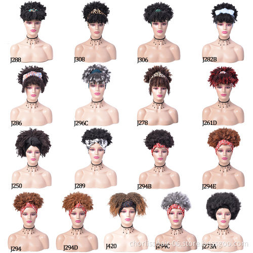 Wholesale Ombre Turban Wig Afro Wig Short With leopard band Kinky Curly Synthetic Wig With Headband Attached For Black Women